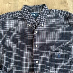 Ralph Lauren Button Down Shirt Men Large Tall Navy Blue Check Gingham Pocket